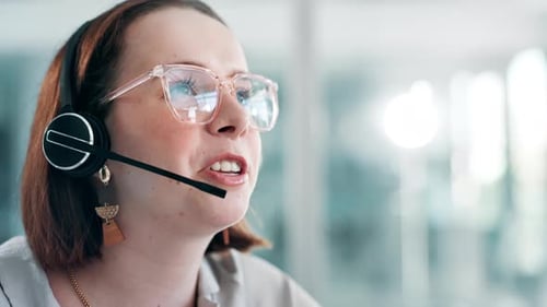 Call center, customer support and woman in office with headset for consulting, help and CRM service