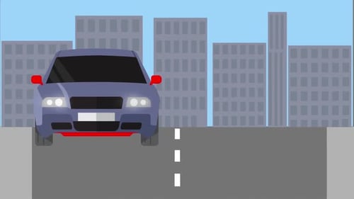 Animated Flat Design Car Driving Through Cityscape