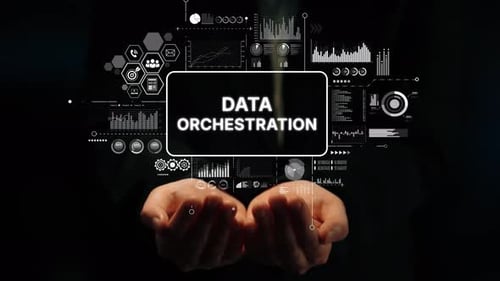 Hands Holding Visual Representation of Data Orchestration Concept in a Digital Environment. Asymptot