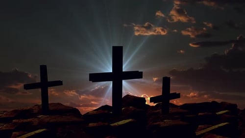 Three Crosses Silhouette at Sunrise or Sunset