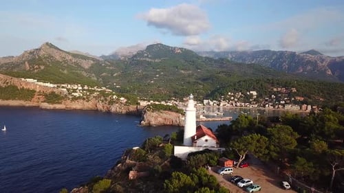 Aerial view of a lighthouse in Port de Soller, Mallorca, Spain