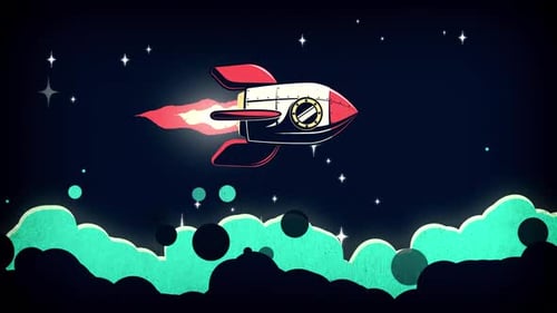 Retro rocket flies in space above clouds of cosmic dust