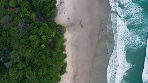 Beautiful 4K aerial drone shot of a tropical Pacific paradise beach at the seaside in Costa Rica wit