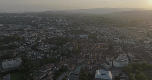Aerial view of medieval rooftops and buildings, France.