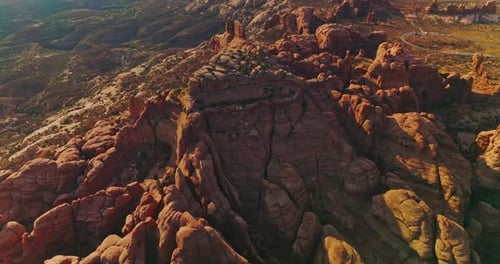 Curved orange rocks in Arches National Park, Utah, USA. Mountainous landscape of canyons