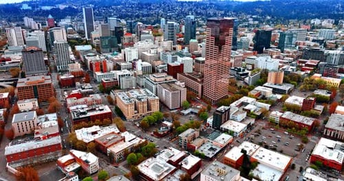 Varied urban landscape of Portland, Oregon, the USA. Drone footage over the city at day