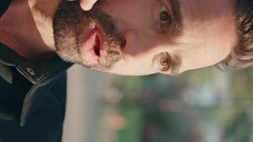 Emotional Guy Speaking Smartphone Call Park Vertical Closeup Latin Man Calling