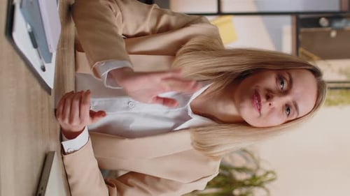 Businesswoman Works on Laptop at Office Talk on Online Communication Video Call with Employee Boss