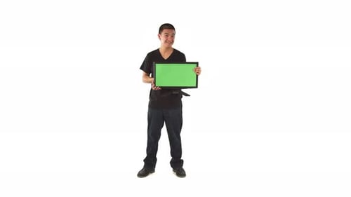 Young Adult Holding Green Screen Monitor