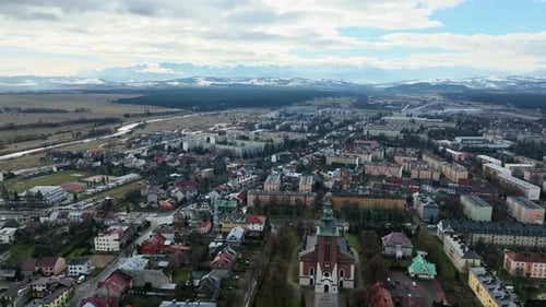 Aerial view of the city of Nowy Targ in Poland