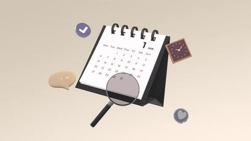 Анимированный календарь с часами, увеличительным стеклом и галочкой. Время на исходе концепций.