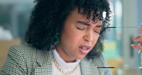 Headache, burnout and woman in office and working with anxiety, pressure and stress from deadline