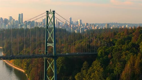Aerial View of Lions Gate Bridge and Stanley Park at Dawn Canada