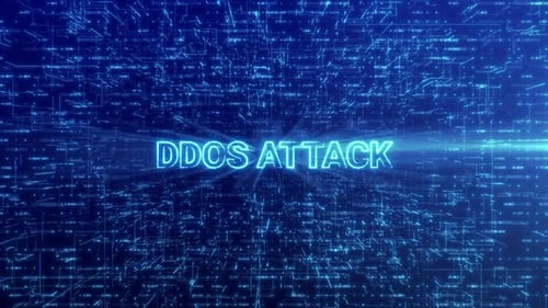Le texte d'une attaque DDOS dévoilé sur un réseau technologique futuriste bleu sur fond de cyberespace numérique