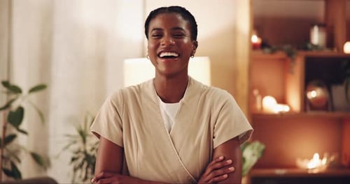 Black woman, happy and confident in spa for therapy, small business and pride for career
