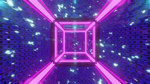 Dynamic Neon Cubes Moving Through Abstract Digital Tunnel