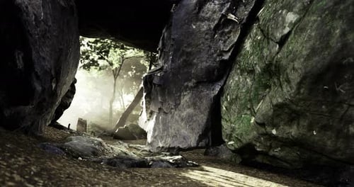 Light Filtering Through a Rocky Cave Entrance Surrounded By Trees in Nature