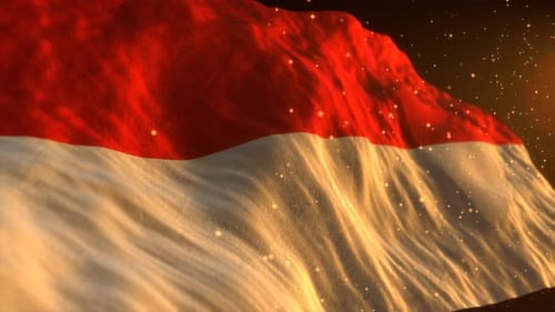 Waving Red and White Flag with Golden Shimmering Particles Background