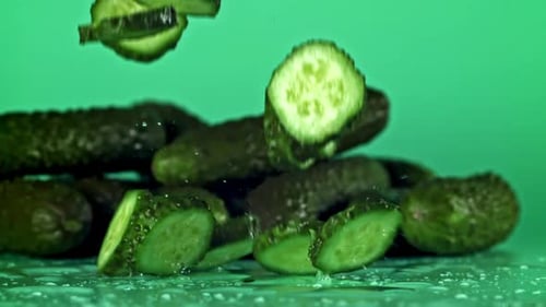 Cucumber Slices Falling in Slow Motion on Green
