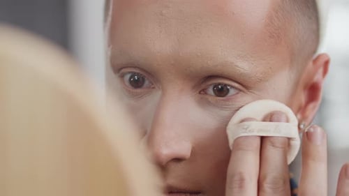 Theater Male Actor Applies Makeup to His Cheekbone with a Soft Sponge in the Dressing Room in Front