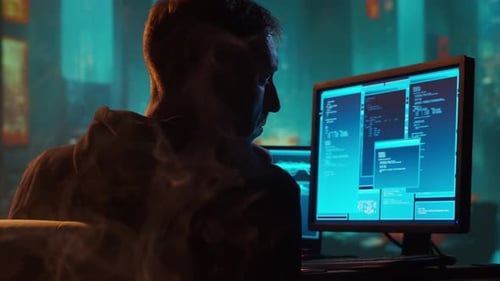 Un pirate informatique en sweat à capuche Obscured Dark Face Hacker Attack Virus, un logiciel infecté par le virus Dark Web et