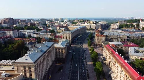 Aerial view of Khreshchatyk Main Street in Kyiv, Ukraine. Road traffic in Kyiv downtown