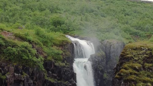 Aerial Drone View of Skogafoss Waterfall Canyon Landscape Iceland
