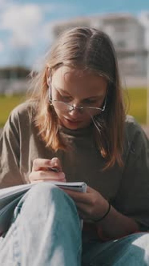 Young Student Studying and Taking Notes on a Bench in