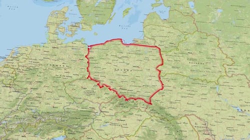 Animated Red Outline of Poland on a Detailed Europe Map