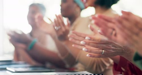 Success, meeting and business people clapping hands for a team achievement or celebration in office