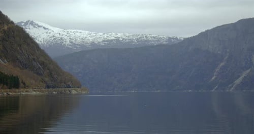 Extra wide shot looking down Eidfjorden from Eldfjord
