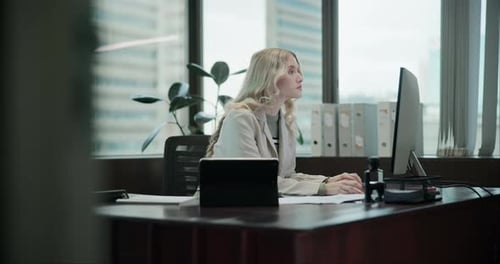 Business woman, work and tablet with computer for corporate, research and employee in office