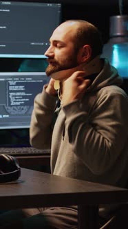 Ingeniero de software de vídeo vertical con cuello cervical en la oficina