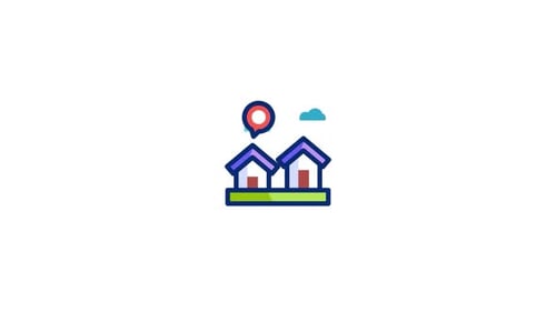 Animated Flat Design Houses with Location Pin Icon