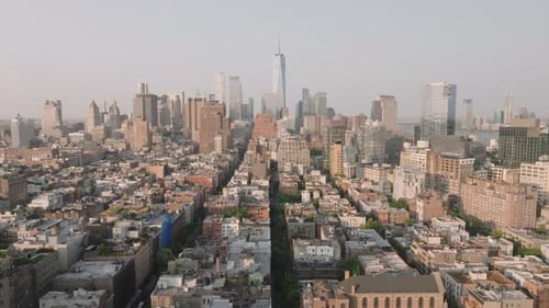Aerial view of Lower Manhattan on a summer morning. Shot in New York City in 4k.