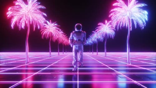 Sci Fi Astronaut Runing Between Palm Trees