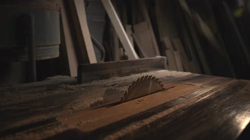 Workshop Saw Scene Workshop Setting Showing Luminous Cuttings Blade Amidst Dust And Stacked Wooden