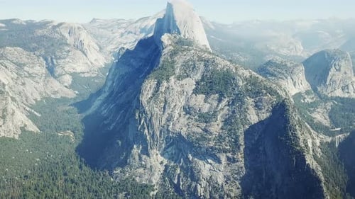Rising Aerial Shot Of Half Dome And Mountains In Yosemite Valley, Beautiful Destination