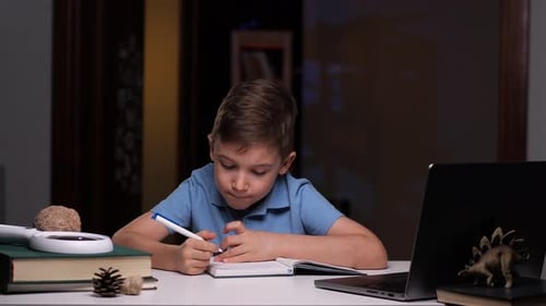 Boy Writing at Desk with Laptop and Books