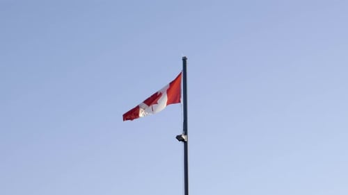 Canadian Flag Waving Against Solid Blue Sky