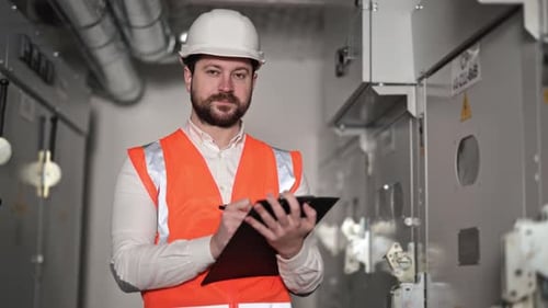 Electrical Engineer Inspects Control Panel in Server Room and Takes Notes