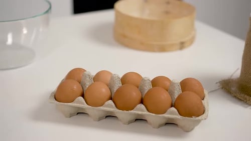 Close Up Whole Eggs Lies in Container Chicken Brown Fresh Raw Eggs in Paper Box Egg Carton with Ten