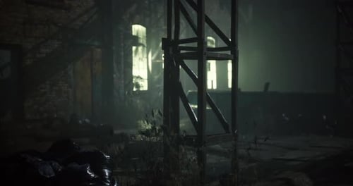 Grungy Abandoned Industrial Interior with Mysterious Light and Dust Particles