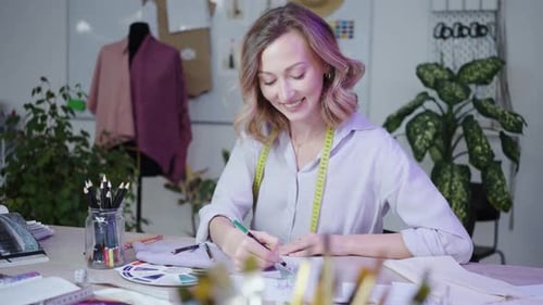 Female Designer Draws Sketches of Future Works Happy Atelier Developing Idea for Fashion Design