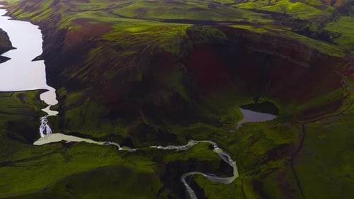 Aerial View of Icelandic Crater River Waterfall and Lake