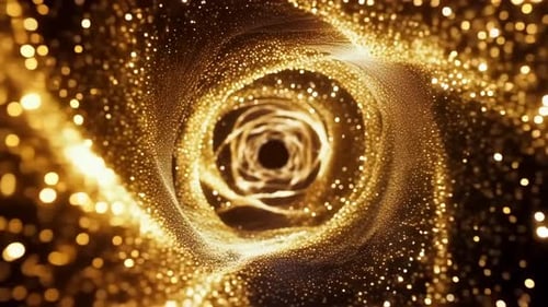 Abstrakter Bewegungshintergrund im Spiraltunnel mit goldenen Partikeln
