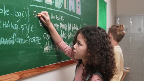 Der
Student studiert Coding Engineering und fordert ihn beim Schreiben an die Tafel auf. Pädagogik.