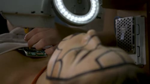 Person's Face with Markings, Working on Circuit Board