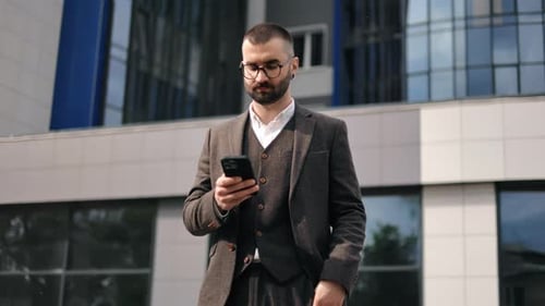 Fashion Smiling Business Man Pensive Chatting Smartphone App Downtown Office Urban Sky Panorama
