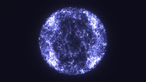 Leuchtende, elektrisch blaue Kugel aus komplizierten, fließenden Lichtfäden vor dunklem Hintergrund